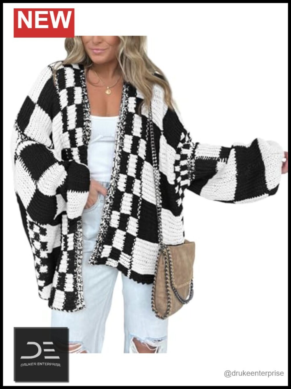 Open Front Chunky Knit Cardigan Sweater for Women Long Sleeve Checkered Coat - Picture 1 of 6